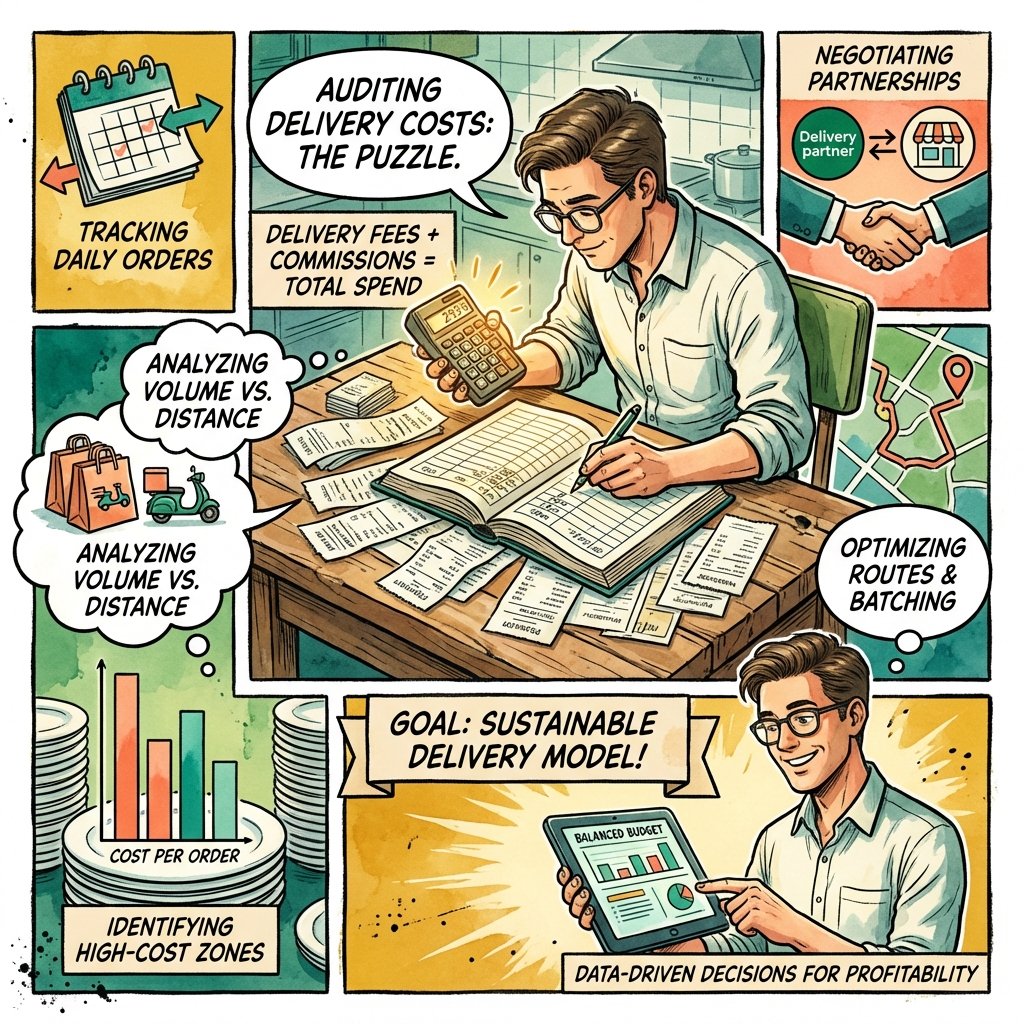 Manager auditing delivery expenses with calculator