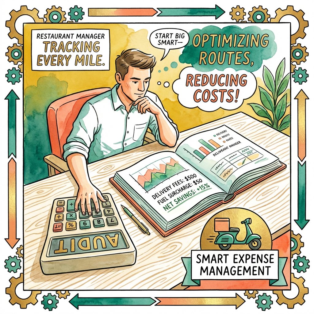 Manager auditing delivery expenses with calculator