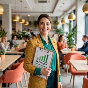 A restaurant owner confidently reviewing a profitable financial statement in a busy dining room.
