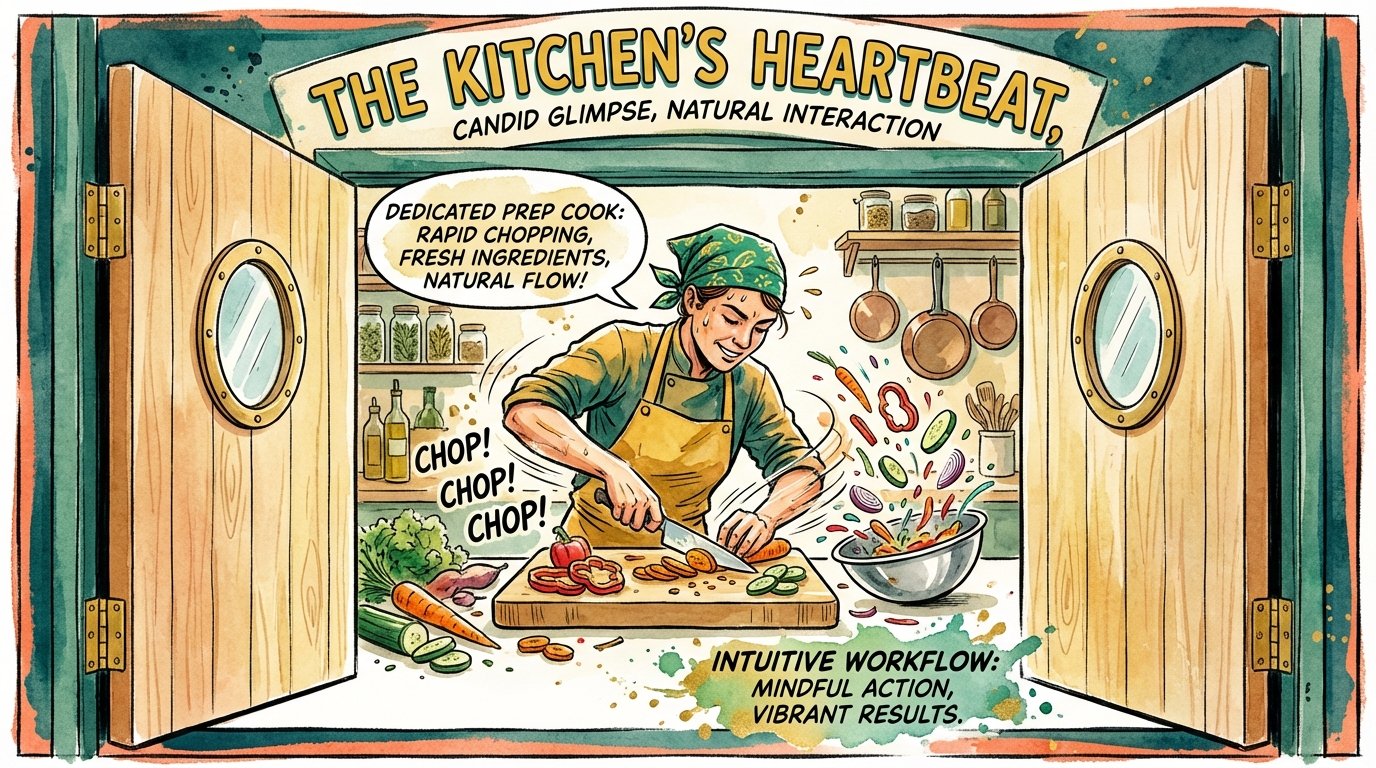 Illustration looking through kitchen doors at a cook prepping vegetables.
