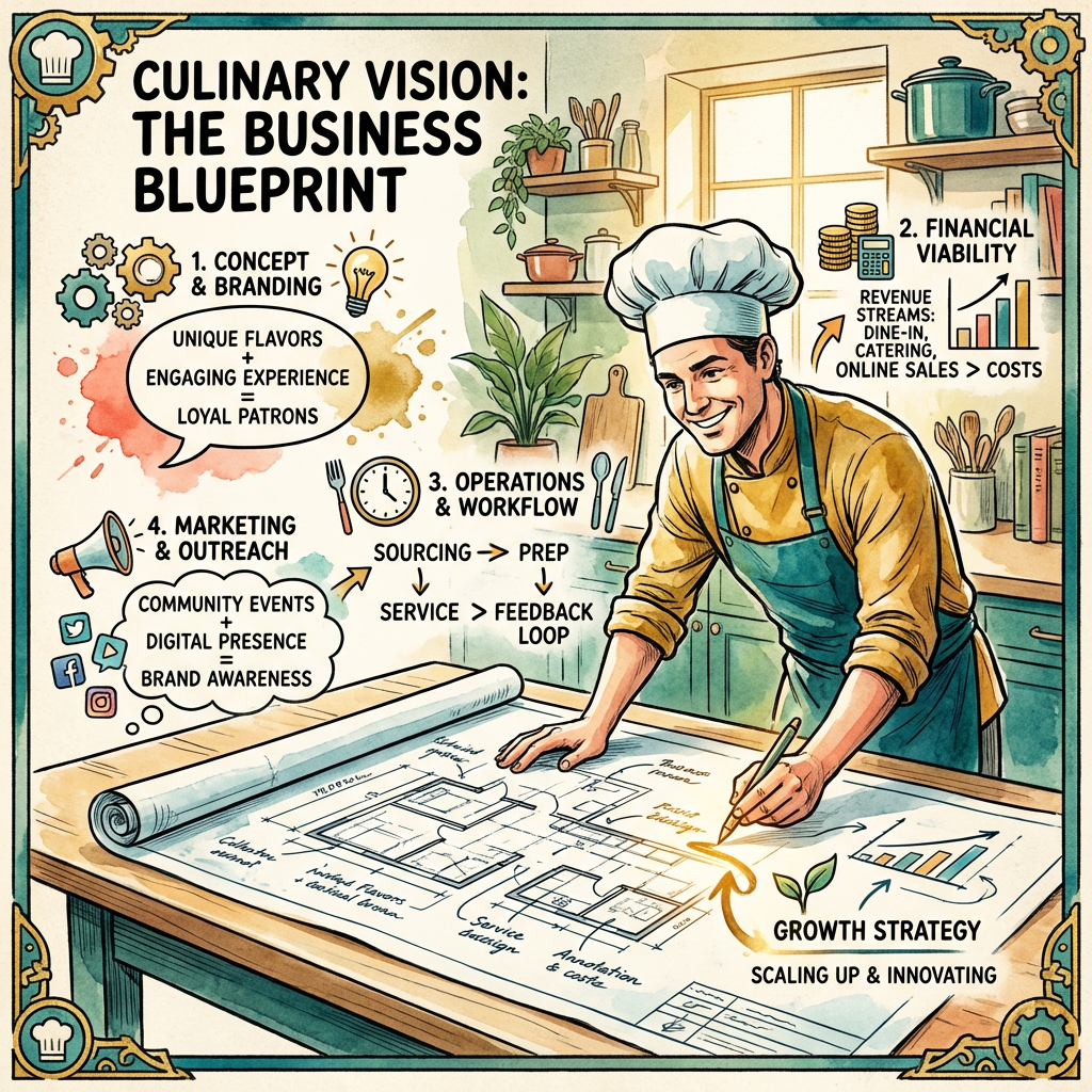 Comic style illustration of a comprehensive restaurant business plan