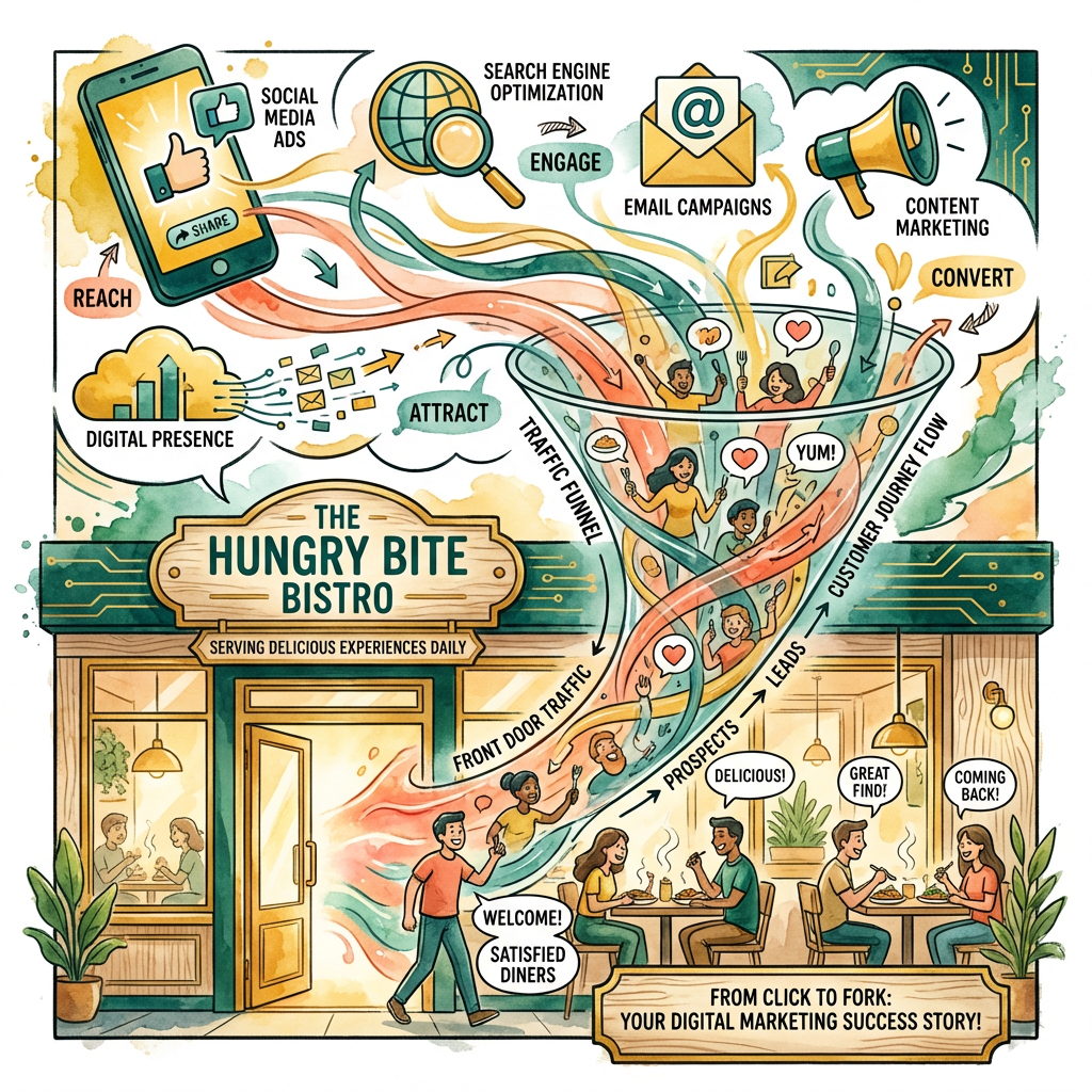 Infographic showing digital marketing strategies driving customers to a restaurant
