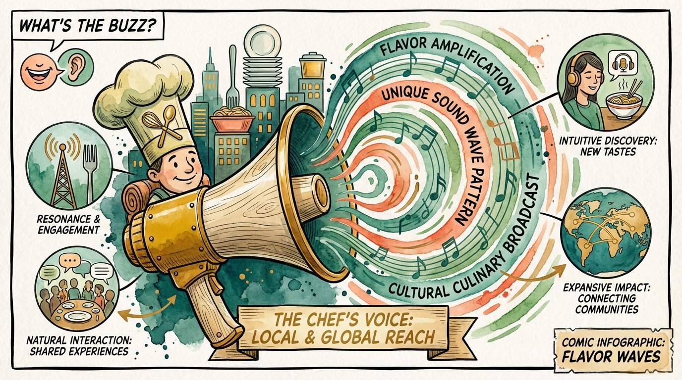 A megaphone with a chef hat amplifying a unique brand voice across a city.
