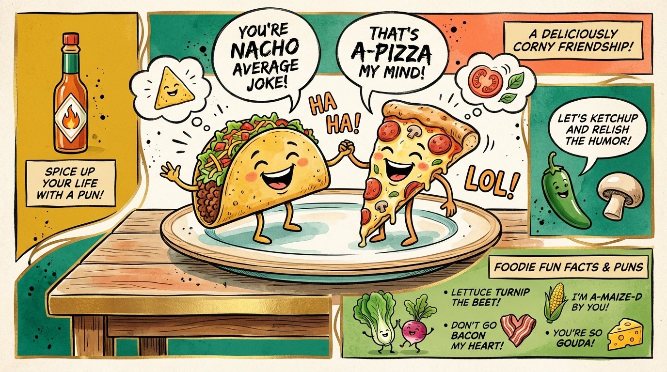 Comic illustration of a taco and pizza laughing together, depicting funny food puns.