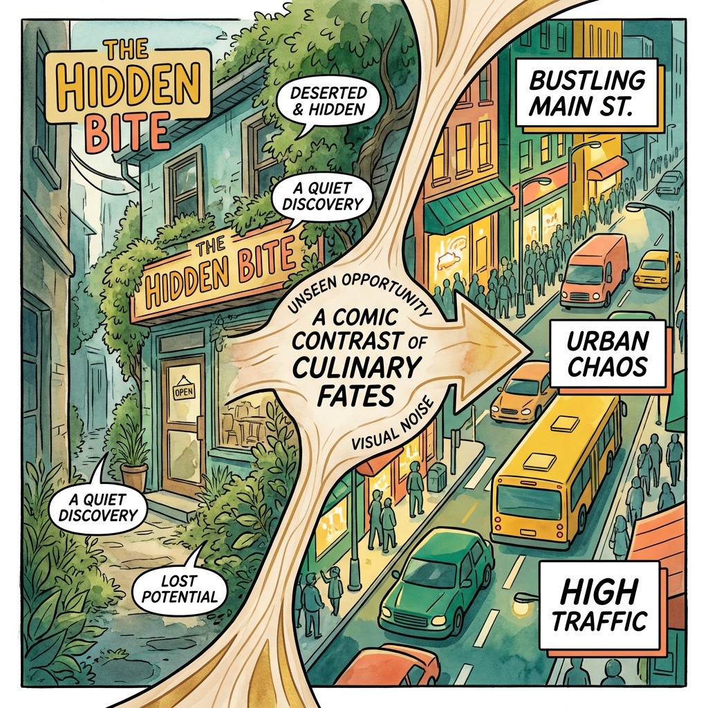 Infographic showing a hidden restaurant location versus a busy street