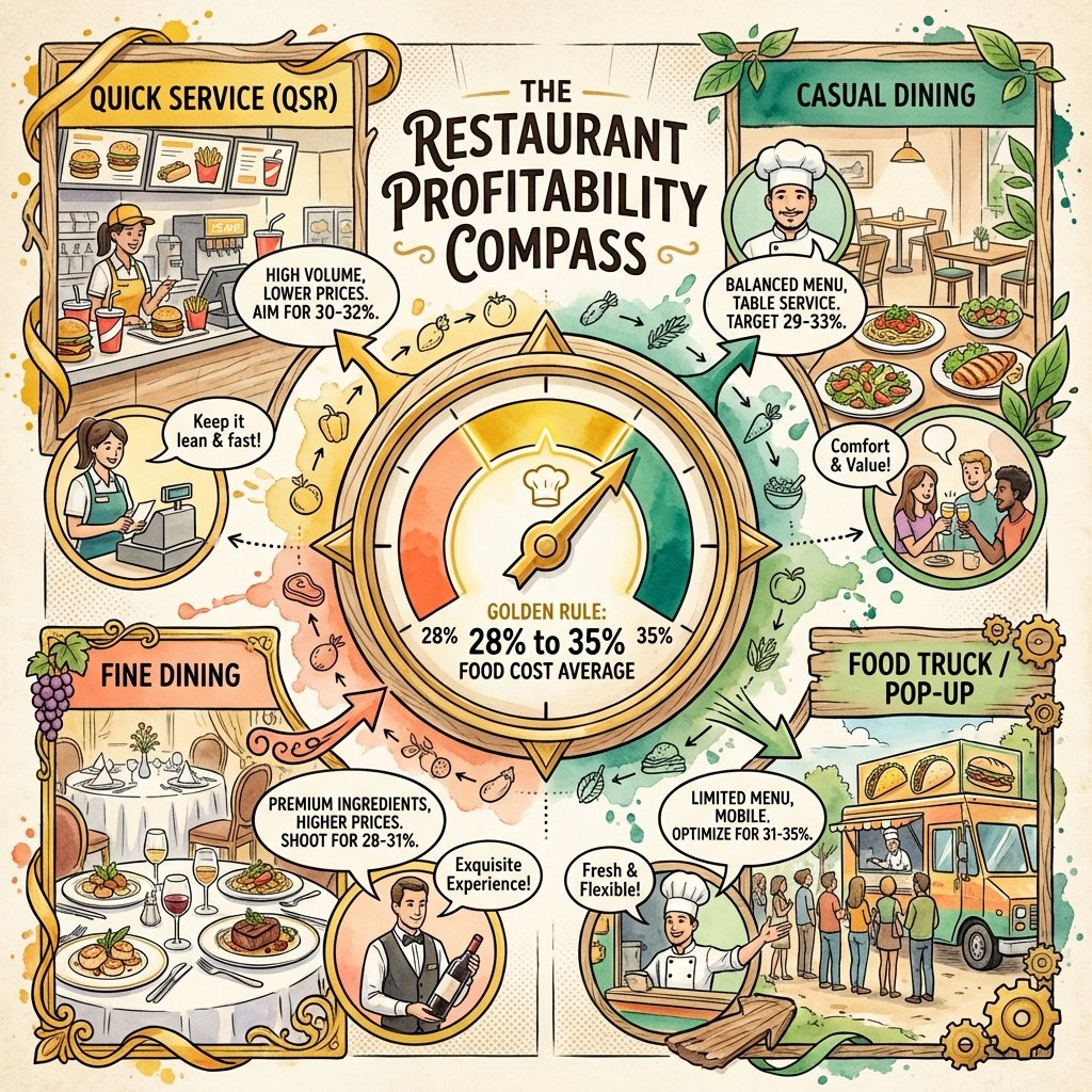 While 28% to 35% is the industry average, your ideal food cost depends heavily on your specific restaurant concept.
