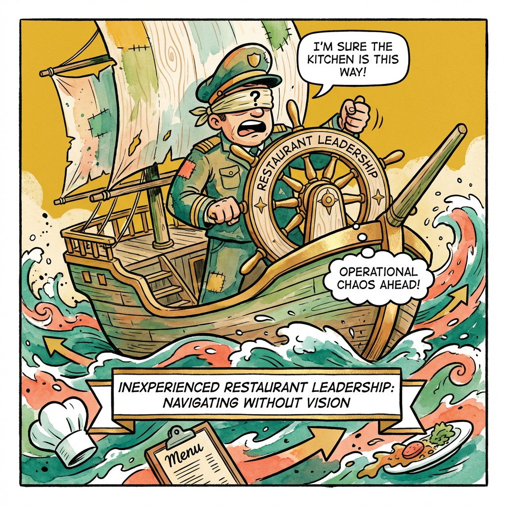 Infographic showing a blind steering captain symbolizing poor leadership
