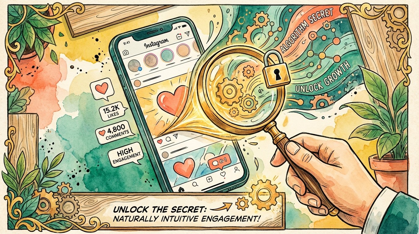 Graphic showing a magnifying glass analyzing high engagement metrics for the Instagram algorithm.