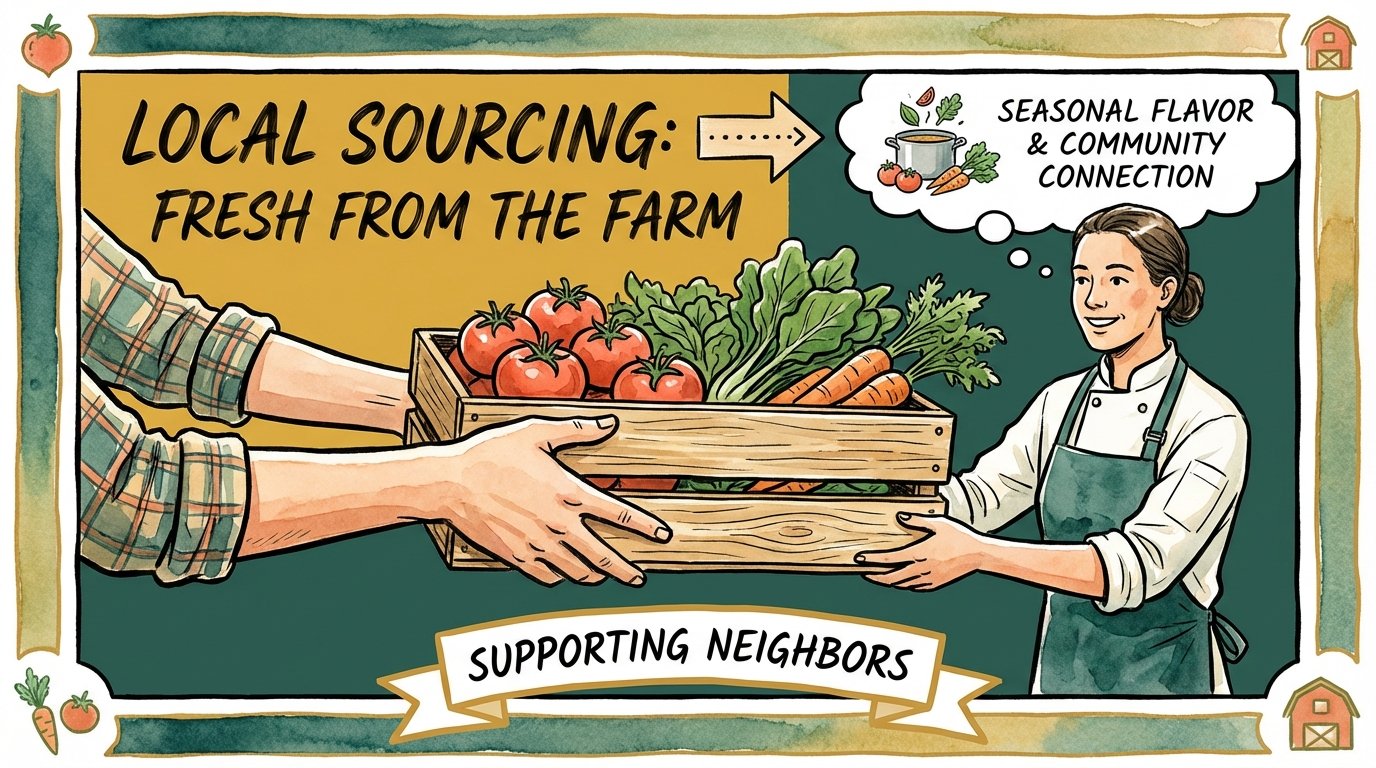 Graphic of fresh vegetables being delivered to a chef, highlighting local sourcing.