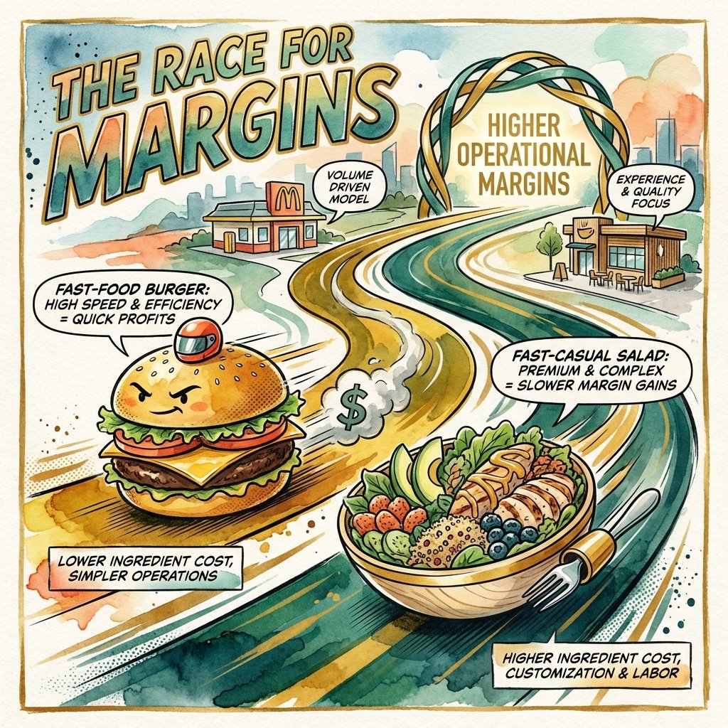 Illustration comparing the high profit margins of fast food and fast casual concepts.