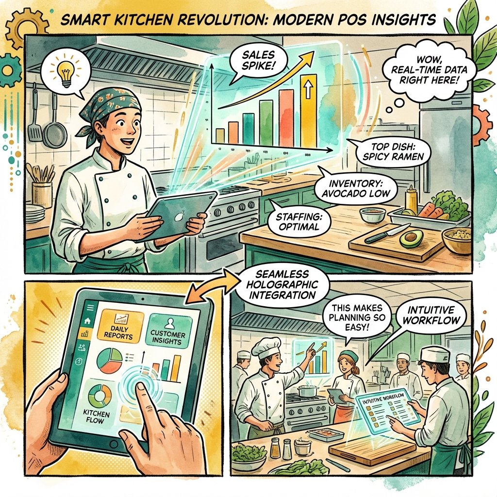 Illustration of a cloud POS system generating real-time kitchen analytics.