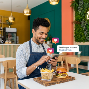 Comic style illustration of a restaurant owner typing engaging food captions on their phone for Instagram marketing.