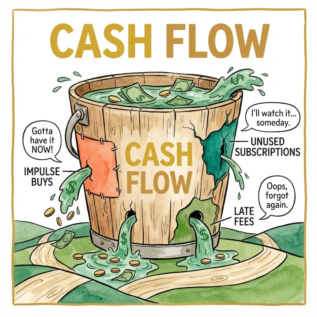 Infographic depicting a leaking cash bucket representing financial mismanagement