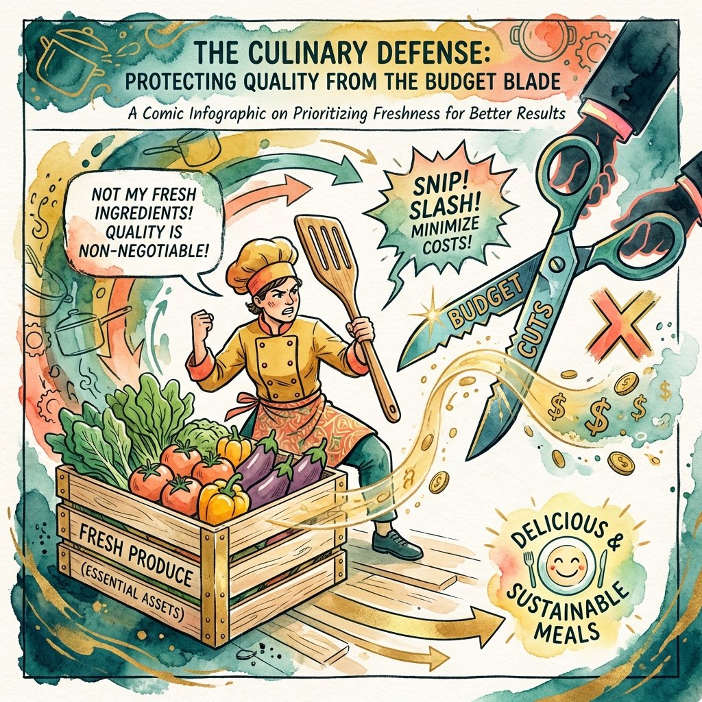 A chef protecting food inventory from budget cuts, representing COGS management.
