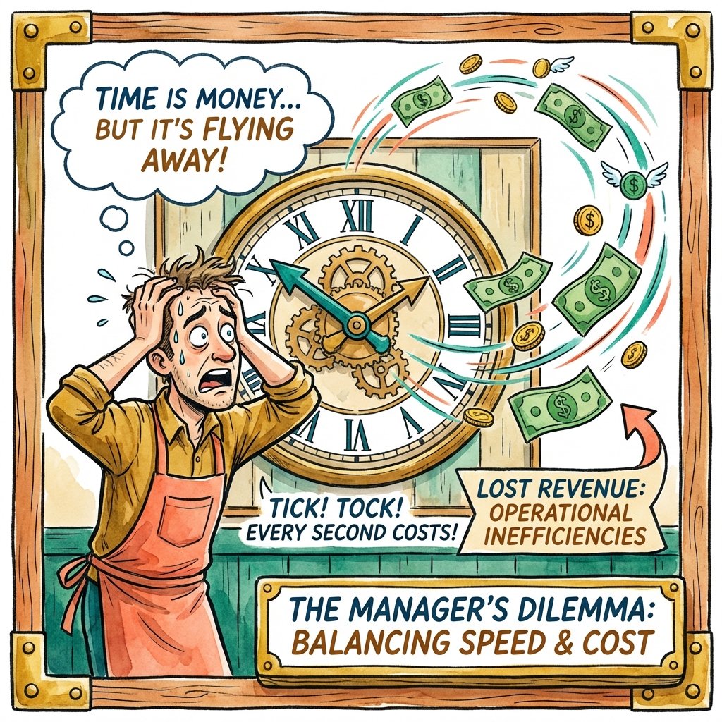 Illustration showing money flying away from a clock, representing high restaurant labor costs.