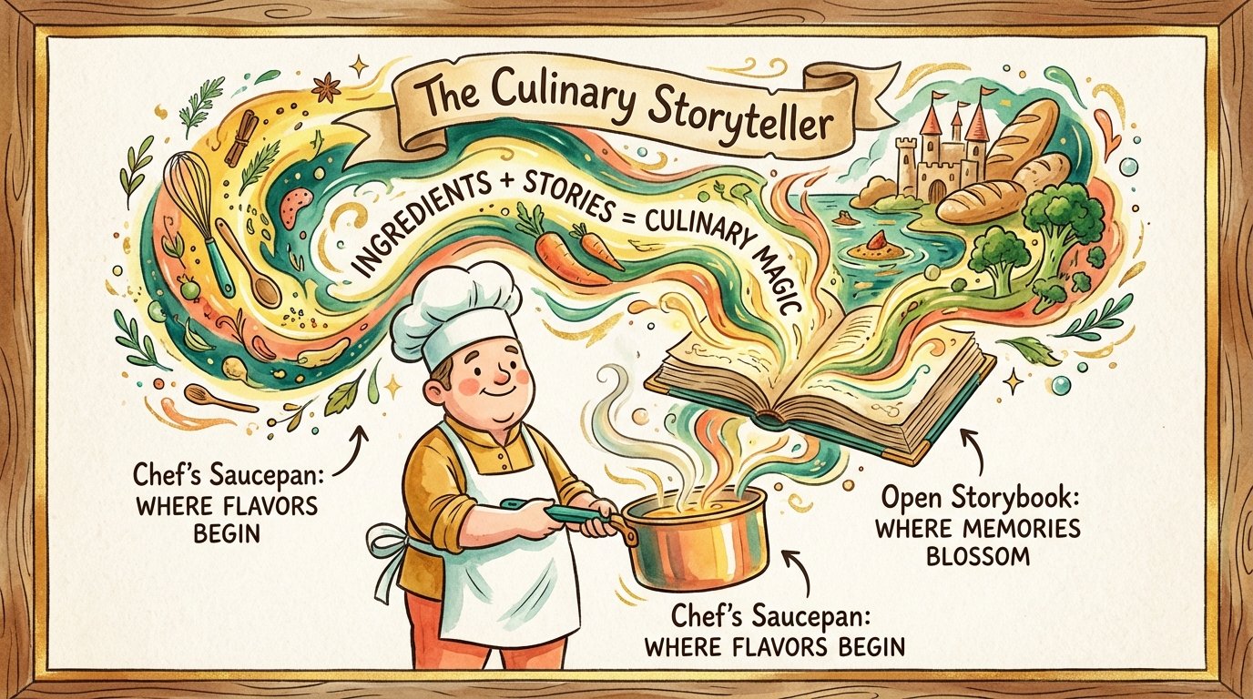 Illustration of a chef telling a story through a magic glowing saucepan.