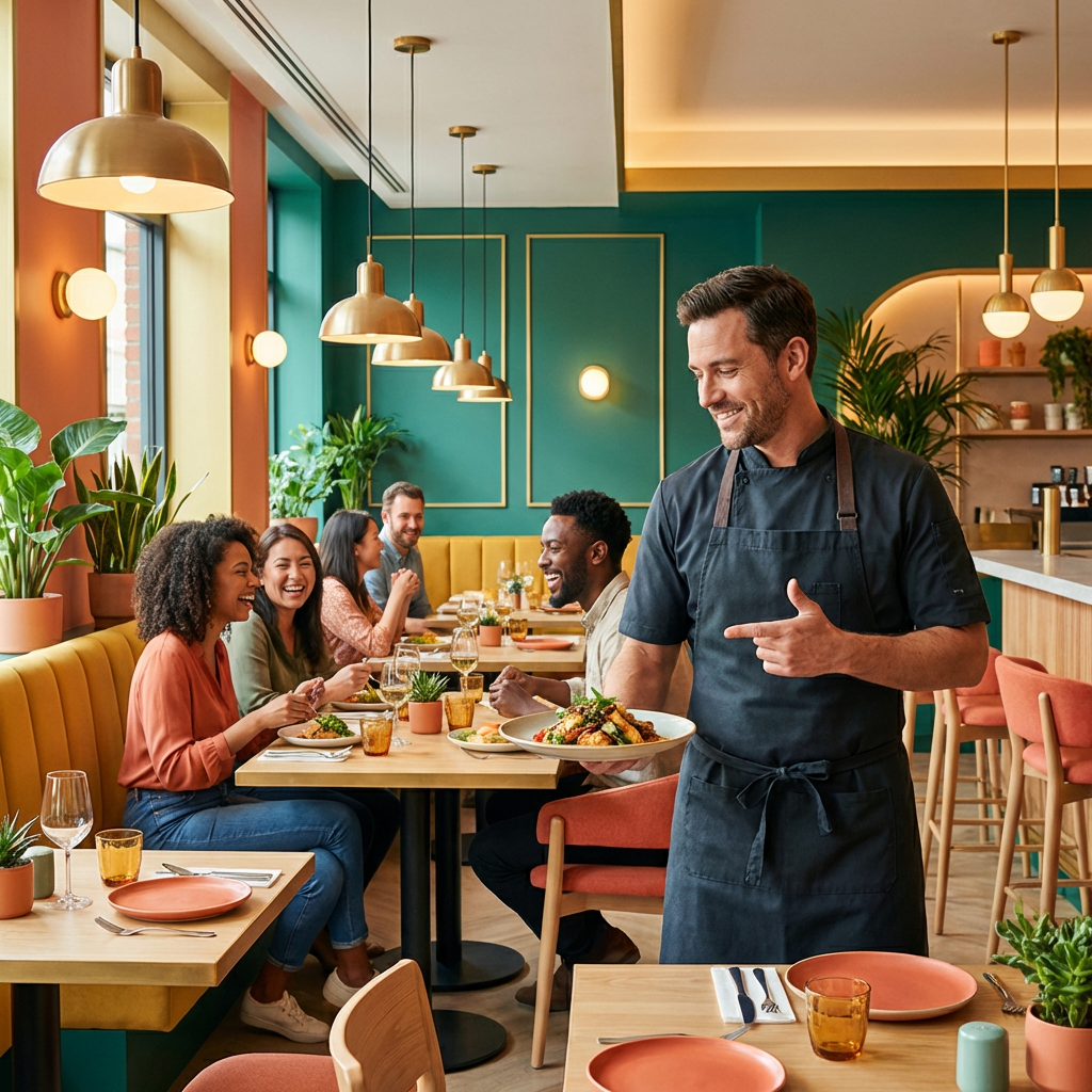 Successful modern restaurant interior with a confident chef