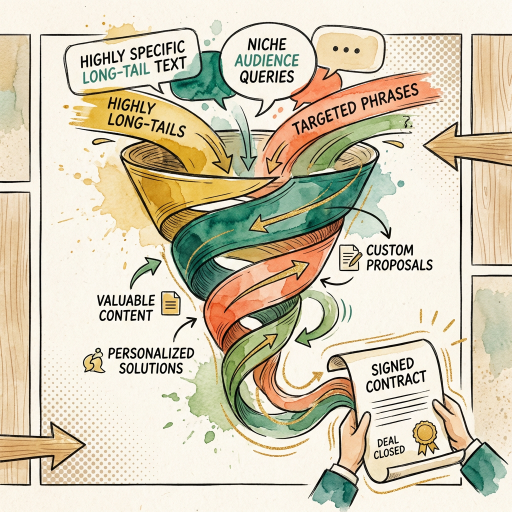 Sales funnel graphic showing long tail keyword conversion