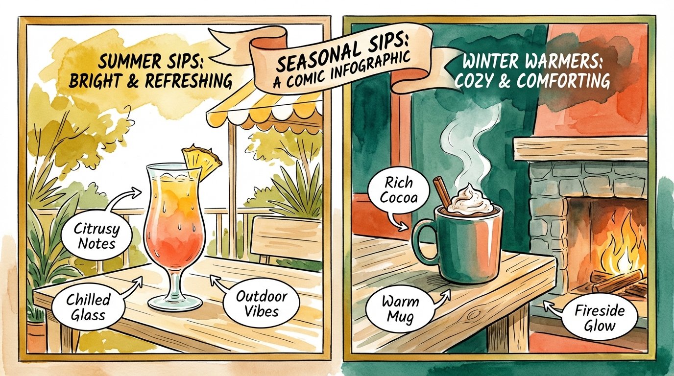 Split graphic of a summer cocktail and a winter hot chocolate for seasonal dining.