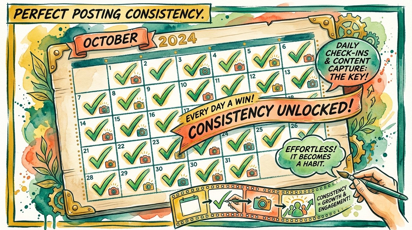 Graphic of a calendar filled with checkmarks for posting consistently.