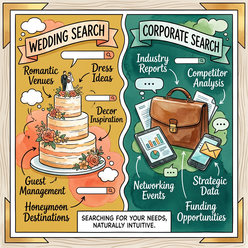 Split visual comparing wedding and corporate catering needs
