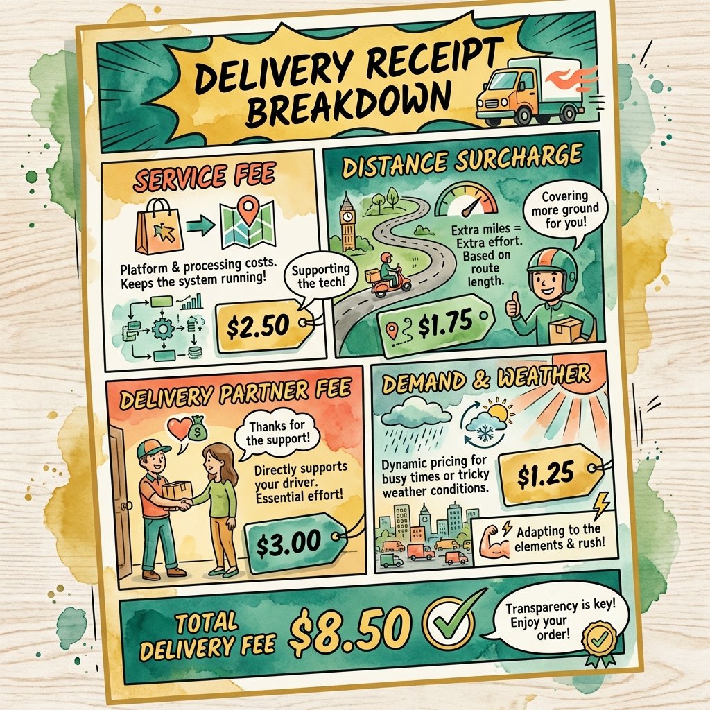 Transparent receipt layout breaking down delivery fee