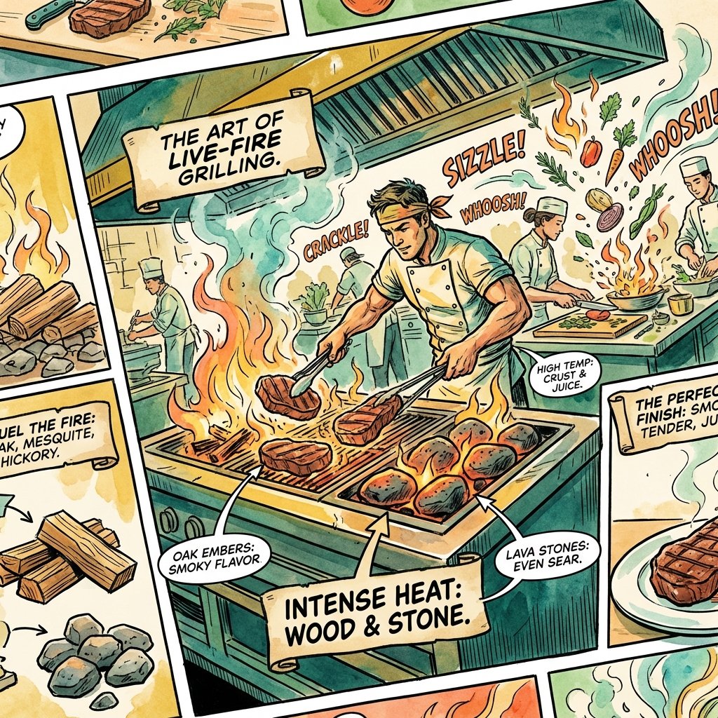 Chef utilizing live-fire cooking and ember techniques in a modern kitchen