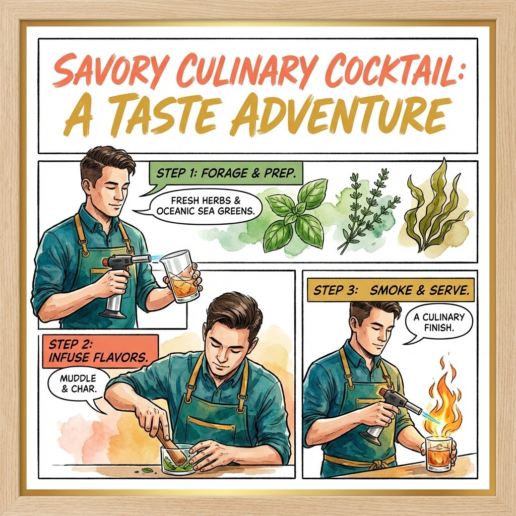Bartender crafting a complex savory culinary cocktail