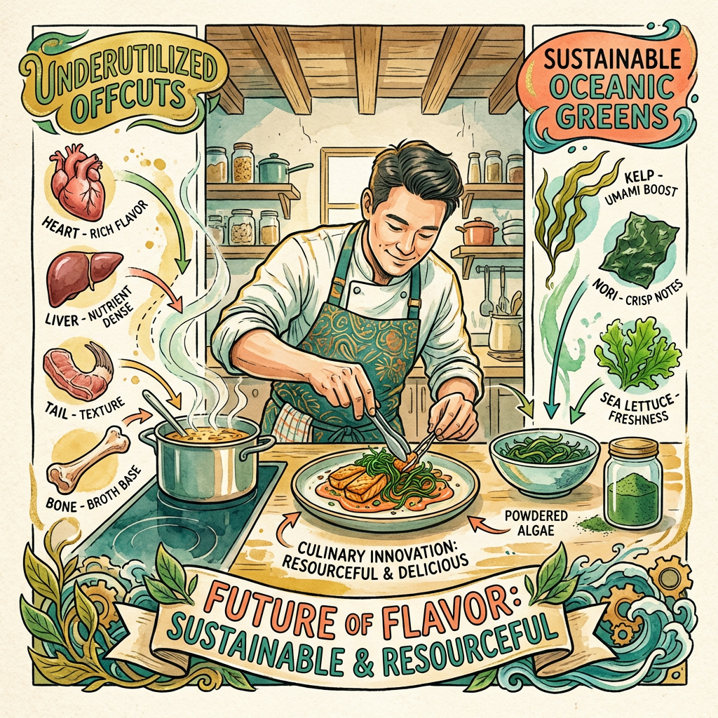 Sustainable nose-to-tail and oceanic kelp sourcing in a modern restaurant